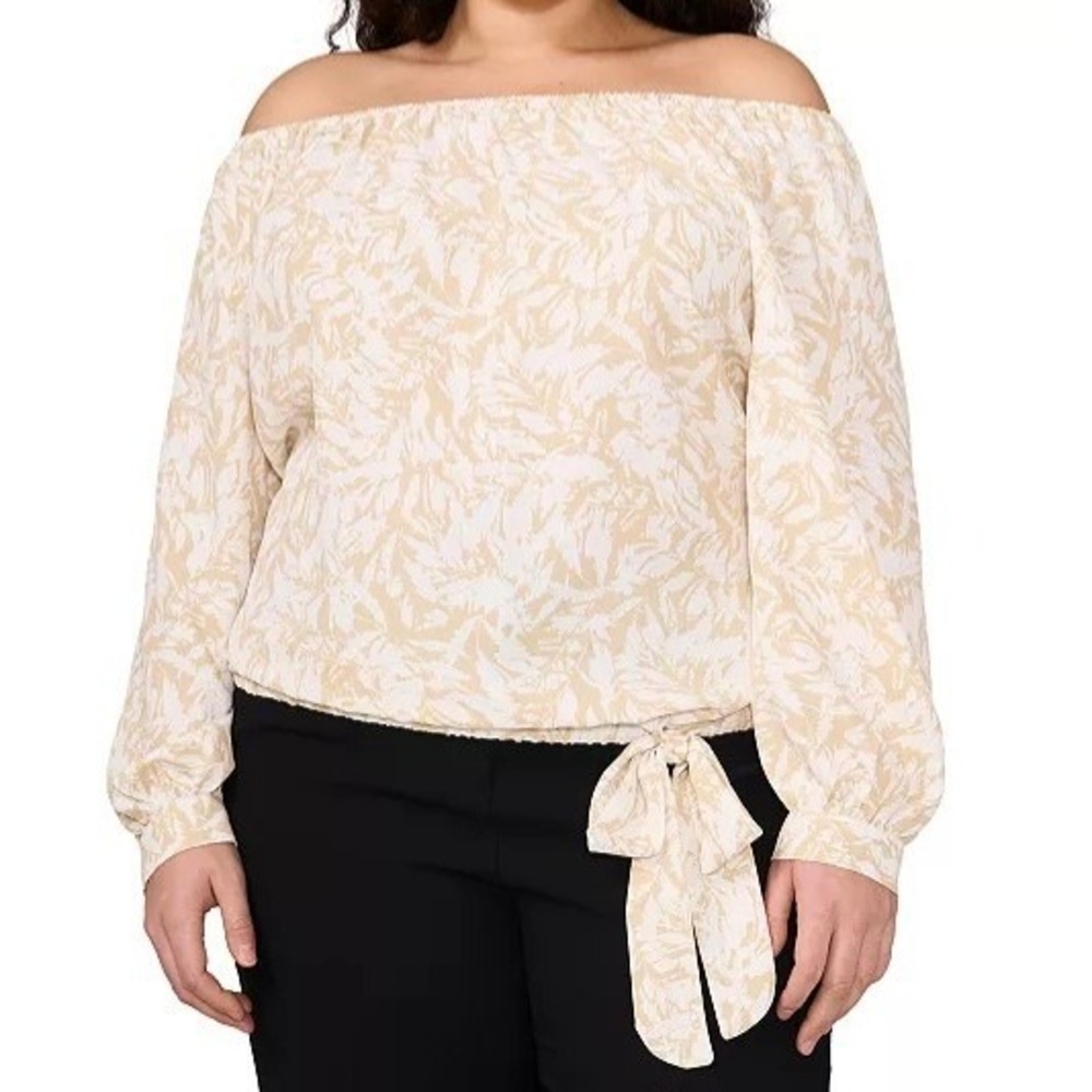 Vince Camuto Printed Off The Shoulder Long Sleeve Tie Front Blouse Womens 1X NWT
